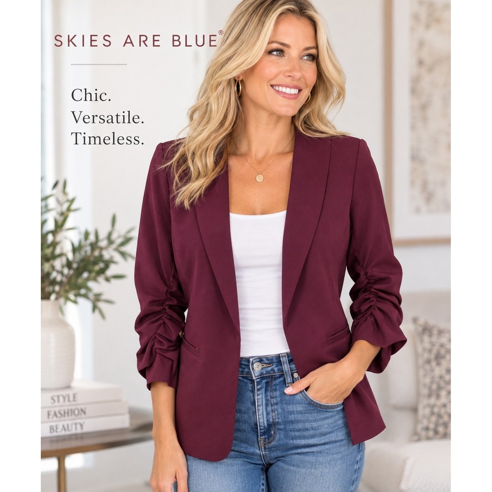Skies Are Blue Burgundy Ruched 3/4 Sleeve Open Front Blazer Womens Medium